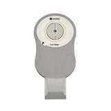 Gray medical ostomy pouch with circular barrier and closure for home healthcare supplies