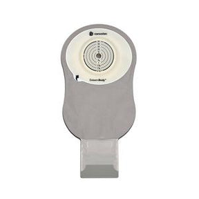 Gray medical ostomy pouch with circular barrier and closure for home healthcare supplies