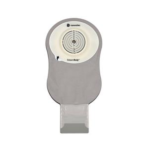 Gray medical ostomy pouch with circular barrier and closure for home healthcare supplies