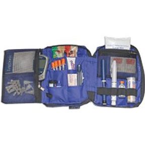 Portable diabetes supply kit with insulin pens, syringes, test strips, and glucose meters organized in a blue case.