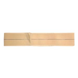 Beige elastic abdominal support belt for medical use, flat on white background