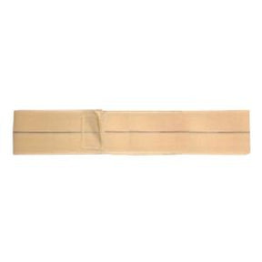 Beige elastic abdominal support belt for medical use, flat on white background