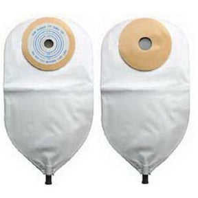 Two ostomy bags with adhesive barriers for medical use, shown side by side.