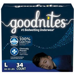 Goodnites bedwetting underwear large size 34 count pack, child sleeping, leak protection