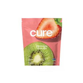 Electrolyte drink mix packaging with kiwi and strawberry on pink background