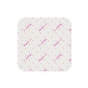 Square medical adhesive patch with pink text on a white background, sterile supply