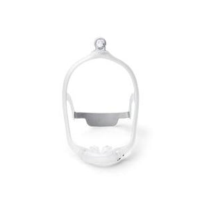CPAP nasal mask frame with cushion for sleep apnea therapy, white background