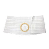 White abdominal support belt with circular stoma opening for ostomy care
