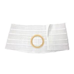 White abdominal support belt with circular stoma opening for ostomy care