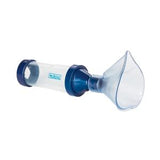 Medical inhaler spacer device with clear chamber and blue mask for respiratory therapy