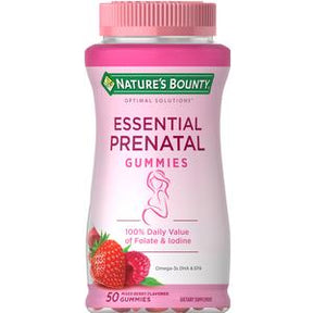 Bottle of prenatal gummies with strawberry flavor, nutritional supplement for pregnancy support.