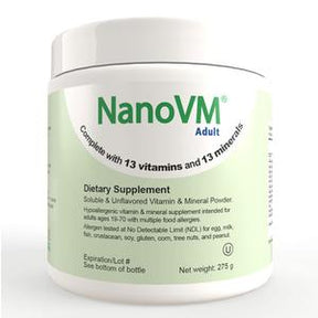NanoVM Adult dietary supplement container with 13 vitamins and 13 minerals label