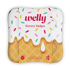 Welly Bravery Badges assorted flex fabric bandages in ice cream themed tin with sprinkles.