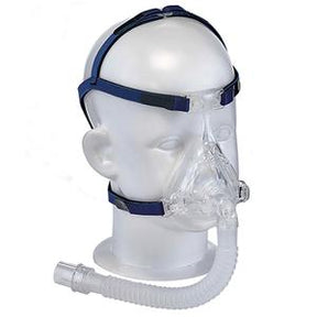Full face CPAP mask with headgear on mannequin, sleep apnea medical supply