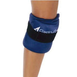 Reusable blue knee ice pack wrap with adjustable strap on a person's leg