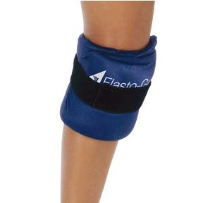 Reusable blue knee ice pack wrap with adjustable strap for pain relief on a person's leg