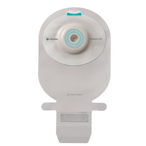 Medical ostomy pouch with adhesive barrier for colostomy or ileostomy care, front view