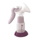Manual breast pump with ergonomic handle and collection bottle on a white background