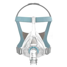 Full face CPAP mask with clear silicone cushion and adjustable blue-gray headgear for sleep apnea.