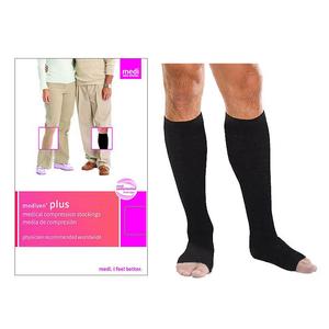 Black medical compression stockings for legs, knee-high, open toe design for support