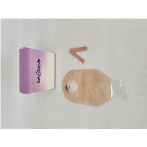 Ostomy bag kit with beige pouch, sealing strips, and purple packaging on white background