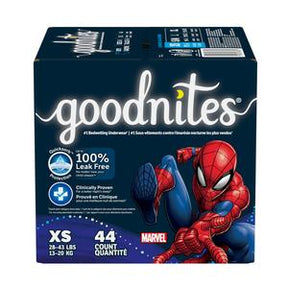 Goodnites bedwetting underwear box XS size, Marvel Spiderman design, 44 count