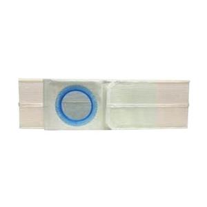 White rectangular ostomy pouch barrier with blue ring for stoma care