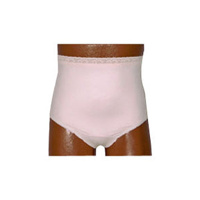 Adult incontinence underwear, high-waisted, light pink, on mannequin torso