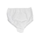 White high-waisted incontinence brief with lace trim on the legs