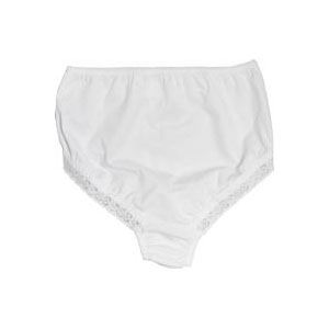White high-waisted incontinence brief with lace trim on the legs
