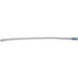 Single sterile medical catheter with clear tube and blue tip on white background