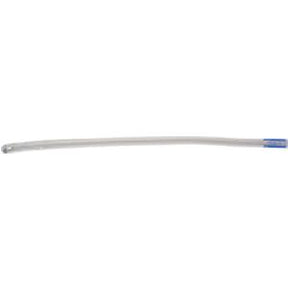 Single sterile medical catheter with clear tube and blue tip on white background