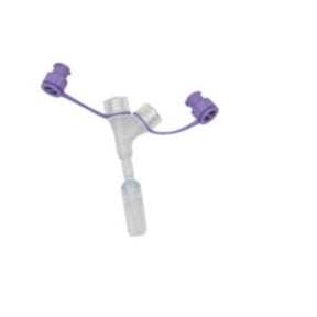 Y-port extension set for feeding tubes with purple caps, medical supply on white background