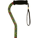 Colorful ergonomic walking cane with floral pattern and foam handle, black wrist strap