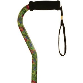 Colorful ergonomic walking cane with floral pattern and foam handle, black wrist strap