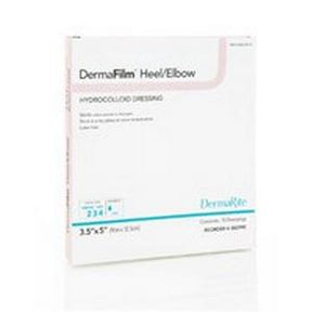 DermaFilm hydrocolloid dressing box for heel and elbow wound care, 3.5 x 5 inches.