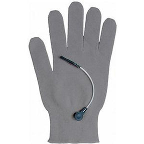 Grey conductive therapy glove with attached electrode lead for pain relief