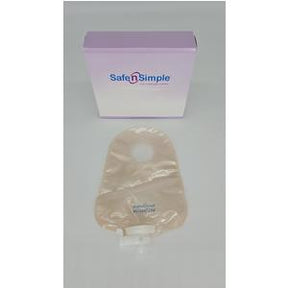 Ostomy pouch with beige color and Safe n Simple packaging for medical supply needs