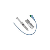 Sterile medical catheter kit with syringe, lubricant, and catheter on white background