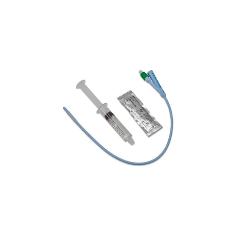 Sterile medical catheter kit with syringe, lubricant, and catheter on white background