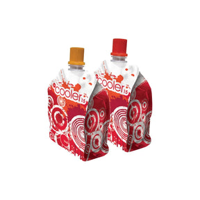 two Vitaflo cooler 15 medical nutrition drink pouches with colorful red designs