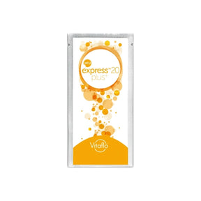 Vitaflo Express 20 Plus nutritional supplement sachet with orange bubbles on white background