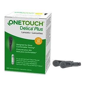 OneTouch Delica Plus lancets box and two lancets, diabetes blood testing supplies