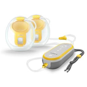 Wearable electric breast pump set with two yellow and clear cups and a control unit
