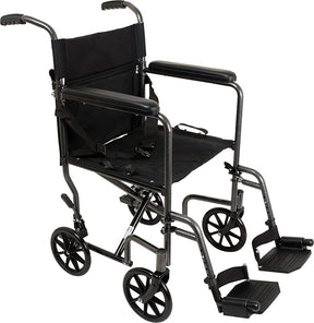 Lightweight transport wheelchair with black seat, armrests, and footrests