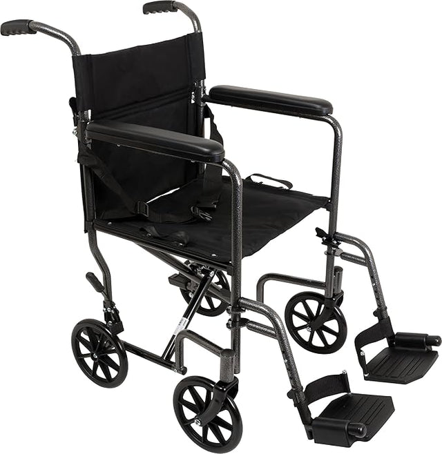 Lightweight transport wheelchair with black seat, armrests, and footrests