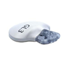 Close-up of a G13 white medical sensor patch with gray adhesive, used for health monitoring