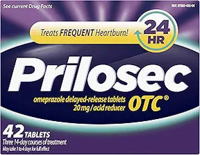 Prilosec OTC 42 tablets box for 24-hour heartburn relief, acid reducer medication