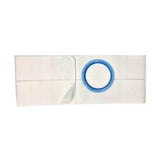 White ostomy bag baseplate with blue circular adhesive ring for medical use