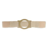 Beige medical ostomy belt with adjustable straps and circular center holder on white background